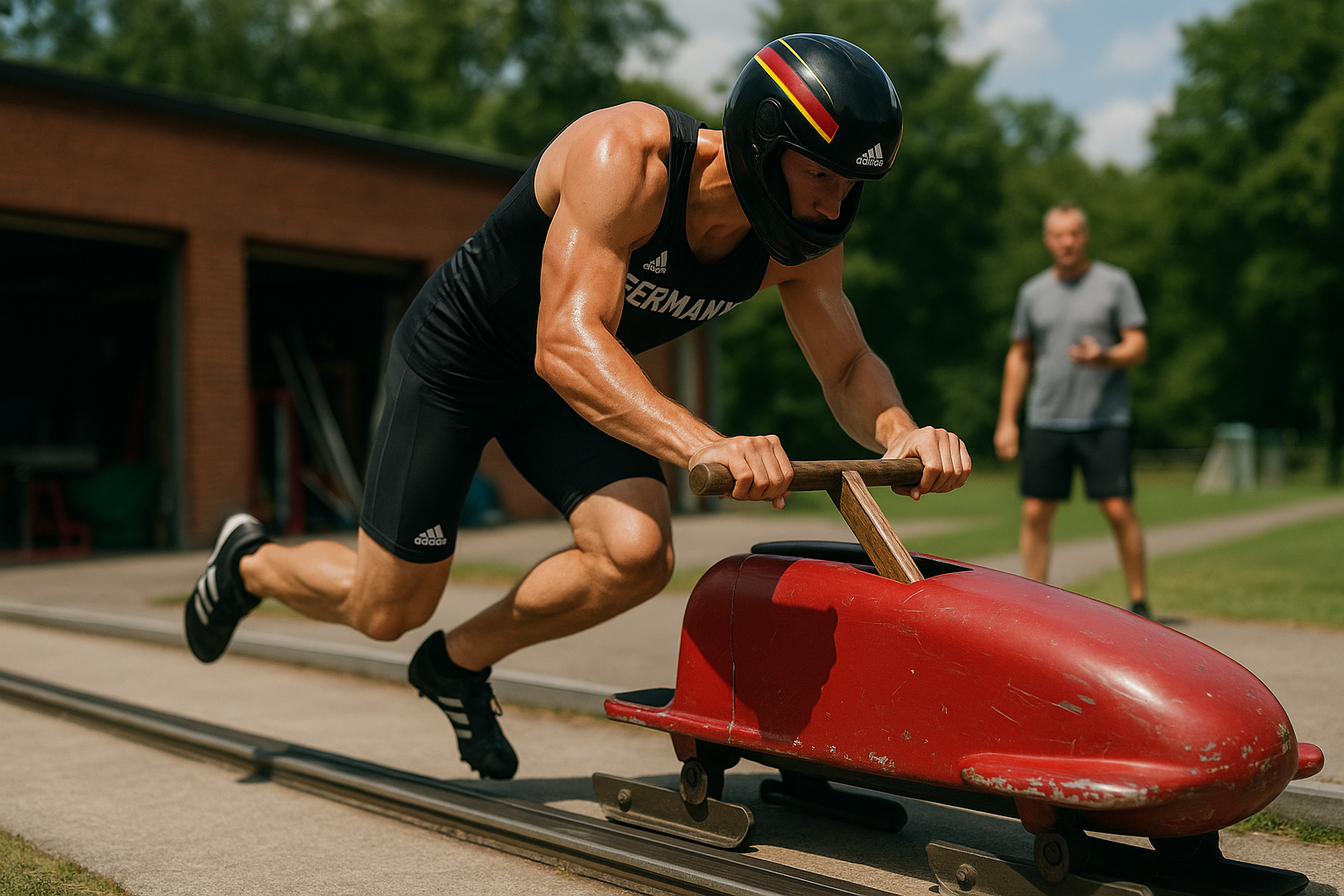 Athlet beim Anschub-Sommertraining am Push-Track mit Trainer-Stoppuhr im Hintergrund