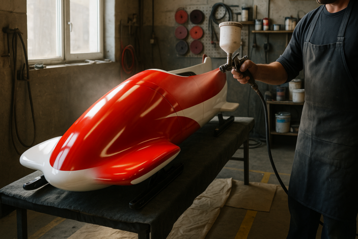Bobsled wird in der Werkstatt mit HVLP-Lackierpistole rot-weiß lackiert